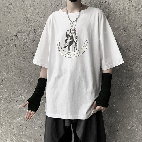 DFMEI 인터넷 연예인 게으른 스타일 남성 반팔 티셔츠 유행 브랜드 힙합 일곱 분 소매 티셔츠 루즈 한자 탑