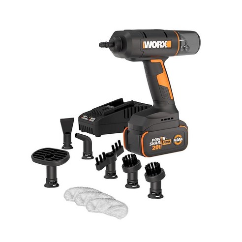 Worx 20V SteamStorm 무선 휴대용 스팀 청소기 액세서리 포함 104.4°C(200°F) 청소용 스팀기 8초 예열 가정용 자동차용 경량 스팀기 - 배터리 및, 1개