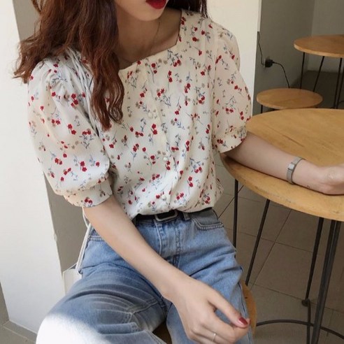 KORELAN 일본 달콤한 작은 신선한 꽃 이슬 쇄골 스퀘어 칼라 반팔 셔츠 여성 여름 어 버전 모든 경기 느슨한 탑