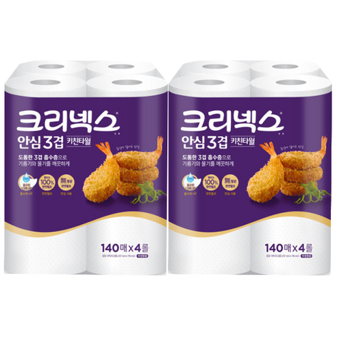 크리넥스 안심 키친타올 3겹 140매 4롤, 4개입, 2개