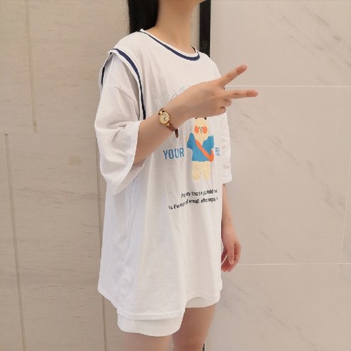 LCY 진짜 가짜 투피스 반팔 티셔츠 여름 새로운 한국어 스타일 느슨한 스포츠 의류 고등학교