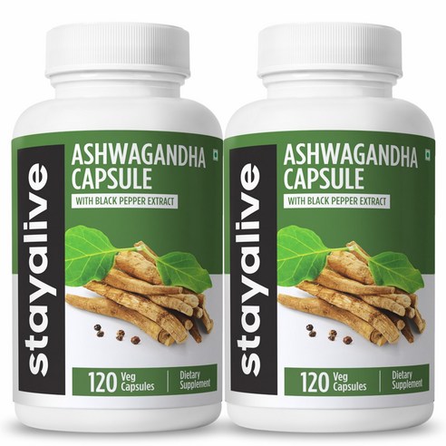 StayAlive 흑후추를 넣은 아슈와간다 캡슐- 9000mg 상당량, 120개의 베지 캡, 스트레스 완화 및 활력 지원, GMO 비함유 및 글루텐 프리