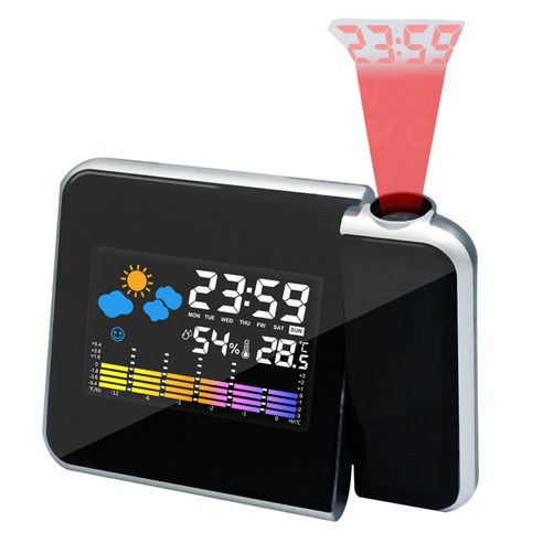 Deoxygene LED 디지털 프로젝션 알람 시계 온도 및 온도계 디스플레이가있는 led 프로젝터 캘린더 블랙, 검은 색
