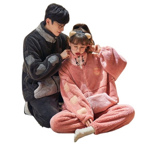 ANKRIC 데일리 두툼한 코랄 플리스 커플잠옷 여 추동 폴라폴리스 플란넬 남성실내복세트
