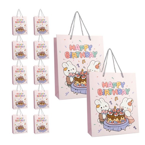 생일축하 종이 세로 쇼핑백 (소) 12개세트 선물포장 생일선물 어린이집 유치원 답례품, 핑크12개세트