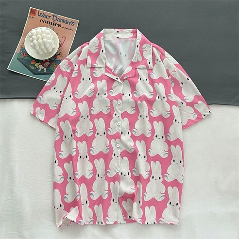 YANG 여름 모든 일치 귀여운 토끼 인쇄 반팔 셔츠 여성 캐주얼 패션 서양식 하프 긴팔 셔츠 패션