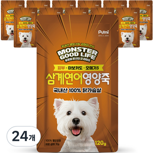 푸르미 강아지 몬스터 굿 라이프 영양죽, 삼계연어, 120g, 24개