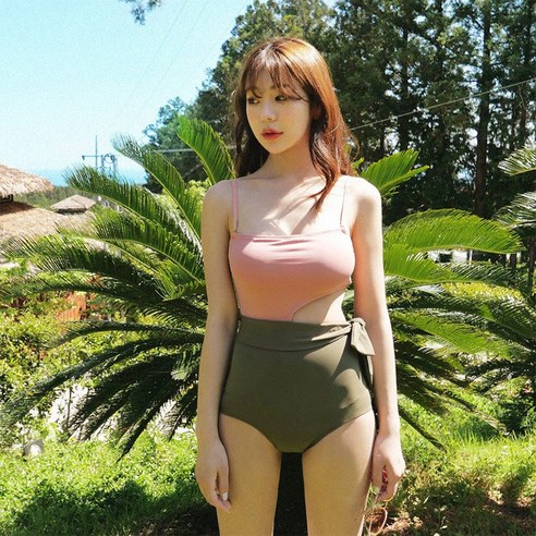 DFMEI 신작 원피스 수영복 여성 수영복 해변 온천 리조트 수영복, DFMEI 핑크+그린