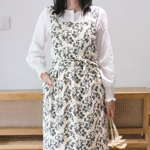 쿠텐퍼 에이프런 공방 카페 플로리스트 원피스 롱 앞치마, 1개, 플로라 코듀로이, 블랙