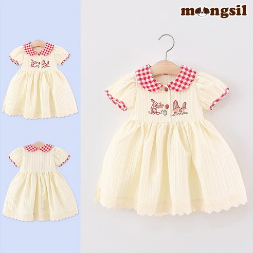 몽실이 체크카라 토끼자수 원피스 귀여운 여아 여름 반팔 드레스 나들이룩 바캉스룩