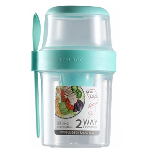 씰락 휴대용 이중 샐러드 컵 스푼 포함 일반도시락, 1개, 310ml + 560ml 녹색