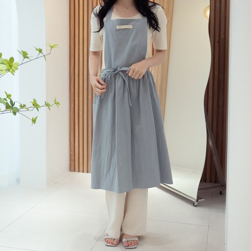디리테일 린넨 앞치마 코튼 원피스형 주방 예쁜 어린이집 바리스타 까페 플로리스트 앞치마, 스카이블루