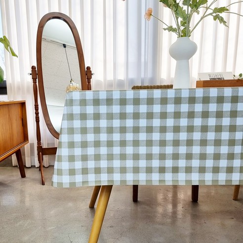 캐프마켓 체크 방수 테이블보 사각 원형 식탁보, 2인용 90 x 90 cm, 카키 브라운