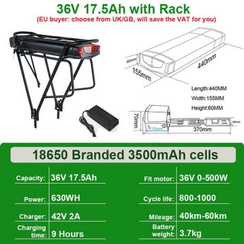 전기 자전거 배터리 충전기 오리지널 21700 후면 랙 eBike 배터리 36V 19.2Ah 13Ah 48V 52V 14.4Ah 15Ah 17.5Ah 18650 250W-1000, 36V 17.5Ah With Rack