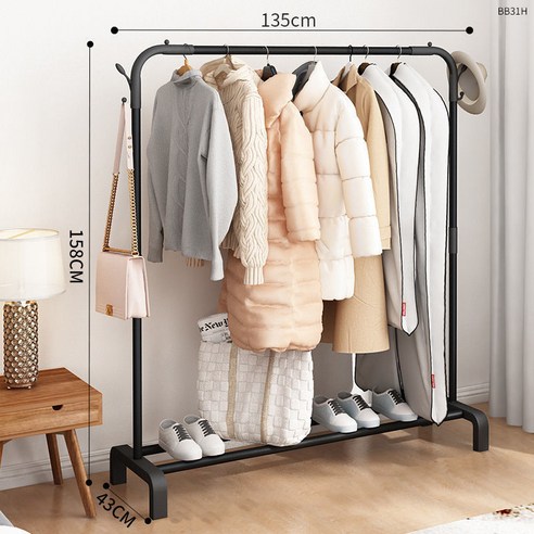 MBH 행거 건조대 이중 스탠드 행거, 135cm-블랙 더블 코트 후크