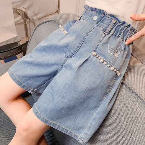 여아 데님 반바지 얇은 청바지 밴딩 바지