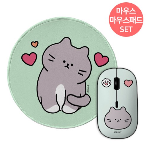 야옹이 무소음 무선 마우스+마우스 패드 세트, 야옹이_하트