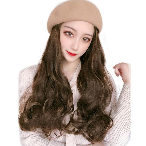 이쁘다샵 가발위드 베레모 긴머리 웨이브 여성 모자가발, 베이지 라이트브라운, 1개