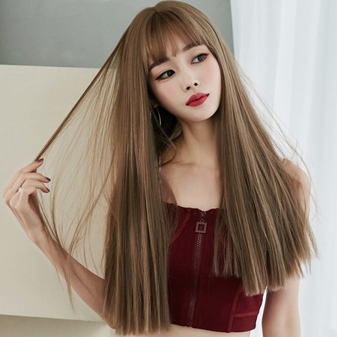 하이유니 풀뱅 스트레이트 펌 롱헤어 통가발 58cm + 가발망 + 가발거치대 세트, 허니브라운
