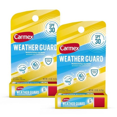 Carmex Weather Guard 모이스처라이징 립밤 스틱 SPF 30 4.3g0.15온스 4팩, 2, 2