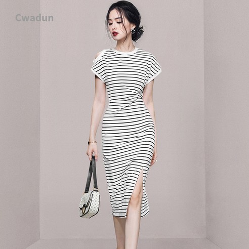 Cwadun 원피스 여름 여성 단가라 미디스커트