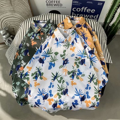 M-3XL 한국 남성 패션 만능 플라워 버드 패턴 루즈한 하와이안 반팔 셔츠109