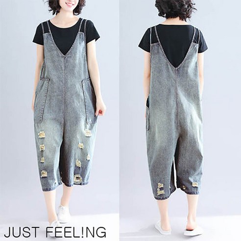 JUST FEEL!NG 봄여름 여성 빅사이즈 브이넥 와이드 7부 점프슈트 데님 캐주얼 슬림핏 멜빵바지