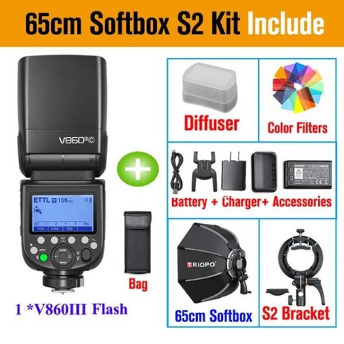 up850  스트로보 Godox-V860III V860 III TTL II HSS 스피드 라이트 플래시 캐논 소니 니콘 올림푸스 후지 파나소닉 펜탁스 카메라 V860II V850II 업그레이, 65cm Softbox S2 Kit_for Nikon