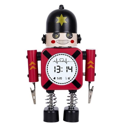 똑딱 거리지 않는 로봇 알람 시계 - 깜박이는 눈 조명과 손 클립이 있는 기상 시계, 플라스틱, 빨간색