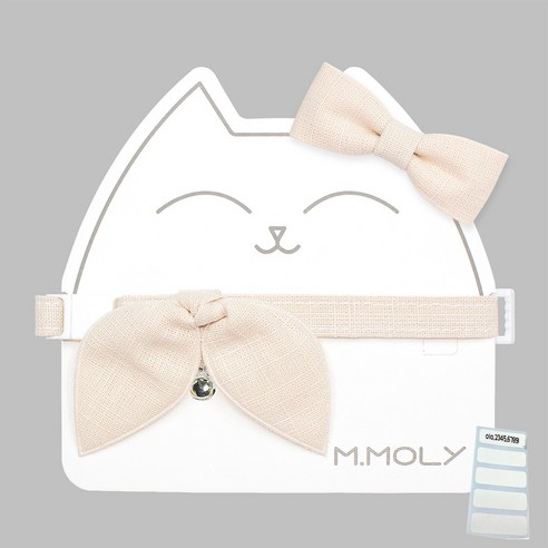엠몰리 실내용 고양이 목걸이 콩리본+보타이 세트 / 인식표 네임스티커 제공, #02 - 린넨 베이지