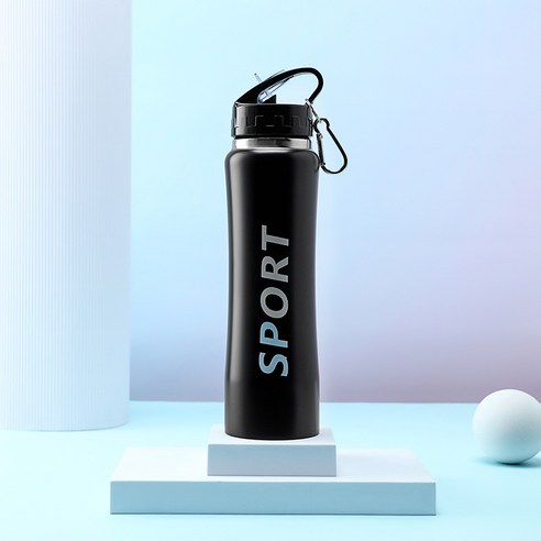 KORELAN스테인리스강 휴대용 운동 주전자 벨트 빨대 750ml 야외 여행 휴대용 보온컵, 검정색