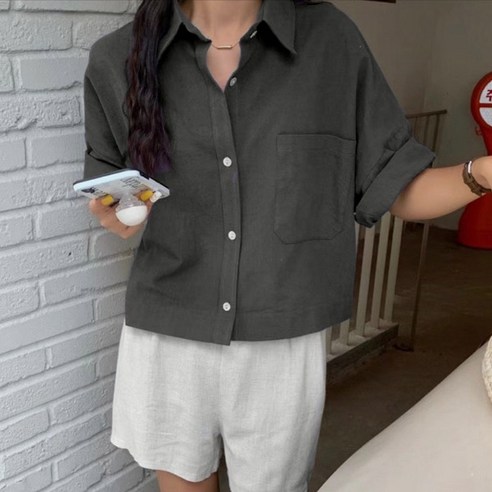 여성용 빅사이즈 오버핏 여름남방 카라남방 데일리룩 깔끔한 베이직스타일 원포켓크롭카라셔츠