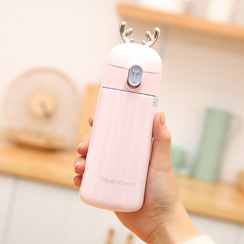 앤틀러 보온병 컵 크리에이티브 잠금 바운스 커버 남녀 컵, 핑크, 270ML