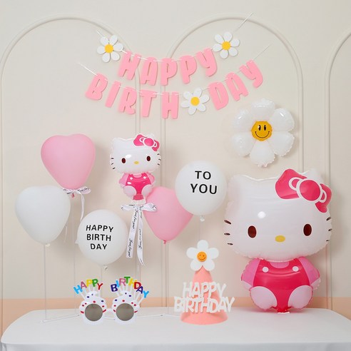 [피앤비유니티]프리핏 데이지 생일풍선 스탠드세트(가랜드형) 안경모자포함, 1세트, 17)헬로우키티