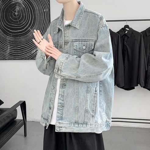 DFMEI 씻어 작업복 데님 자켓 한국어 스타일 유행 홍콩 스타일 캐주얼 재킷 봄과 가을 느슨한 레트로 유행 브랜드 모자