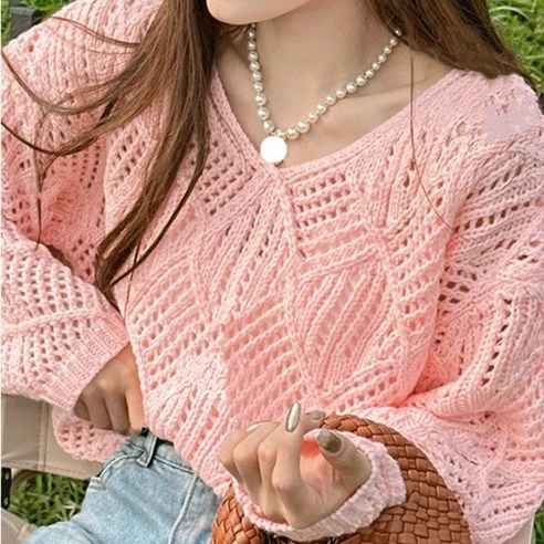 ANYOU 여 봄 여름 펀칭 니트 고급 자외선 차단 블라우스, 핑크