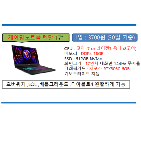 게이밍노트북 17인치 RTX3060 렌탈 대여 단기렌탈, WIN10, 16GB, 512GB, 30일 렌탈