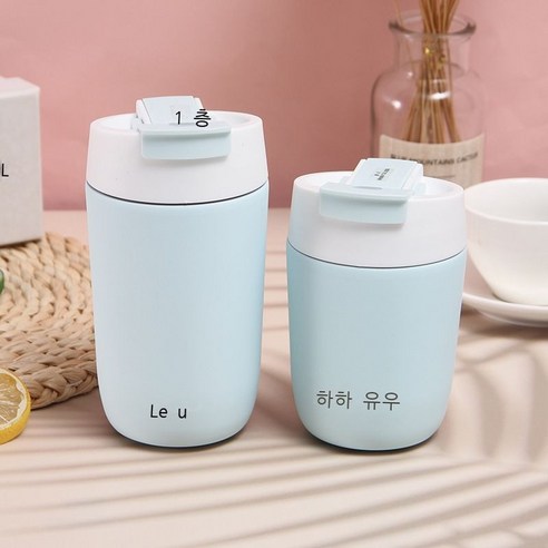 아이디어 ins풍 요소 스테인리스강 커피잔 귀엽다 깜찍하다 핸드컵 미니 광고 보온컵, 청색, 350ml