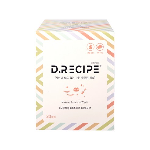 D.RECIPE(그날레시피) 세안이 필요없는 순한 클렌징 티슈 20개입, 3개, 20매입