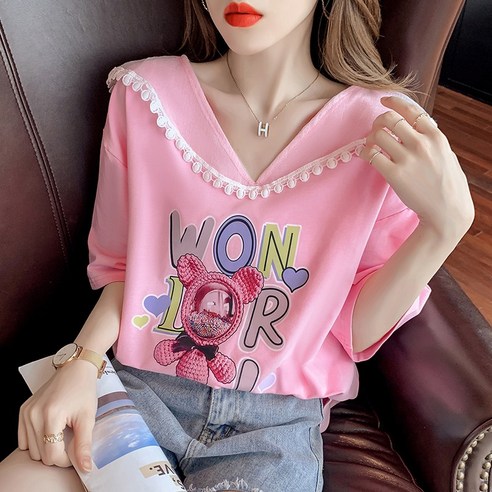 smy진짜 핑크 중간 길이의 반팔 티셔츠 한국 스타일 느슨한 인형 칼라 하프 소매 탑
