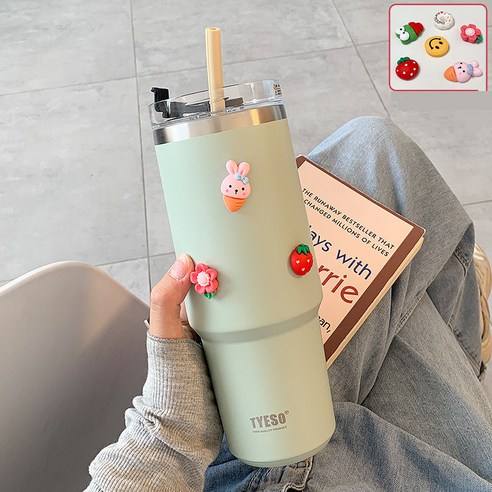 진공단열 대용량 빨대 텀블러 보냉보온 텀불러+세척솔+DIY스티커, 그린, 900ml