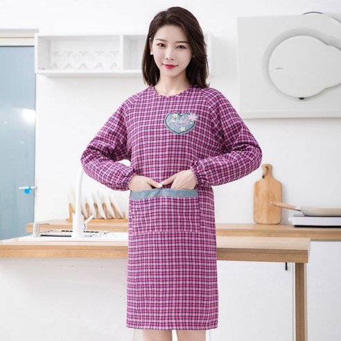 앞치마 주방의류 순면 긴팔 가정용 앞치마 주방 요리, 1 건, 순면 하트 자수 블라우스 - 로즈 레드
