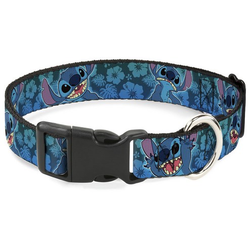버클다운 플라스틱 클립 칼라 강아지 고양이 겸용 목줄, Stitch + Hibiscus Collage