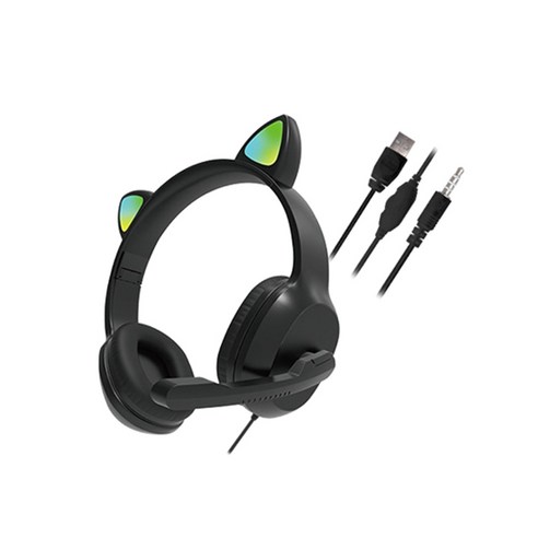 고양이 귀 유선 헤드셋 USB7.1 헤드폰 50mm 드라이버 강력한베이스 효과, 검은 색
