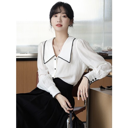 SU 올해의 뜨거운 프랑스어 셔츠 여성 복고풍 홍콩 스타일 디자인 감각 틈새 봄 아트 고급 감지 인치 탑