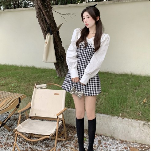 페이크 투인원 숄카라 체크 원피스 2022년 봄가을겨울 허리 여밈이 날씬해 보이는 짧은 스커트