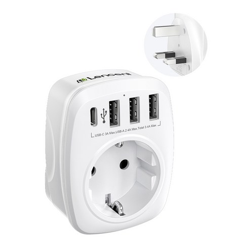 LENCENT USB 고속충전 전세계 여행용 해외 영국 규격(Type G) 플러그 어댑터 4포트 (3 USB A + 1 USB C) 한국 영국 싱가포르 말레이시아 변환 화이트, 1개