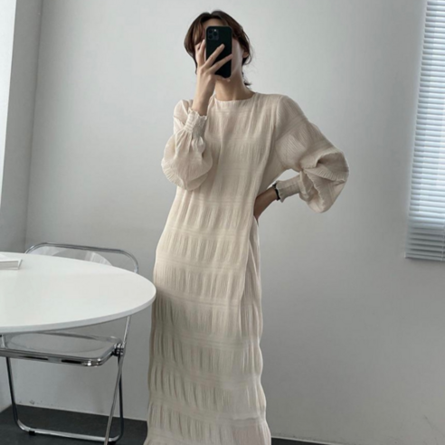 싸비예 여성 린넨 커프스 쉬폰 롱 원피스