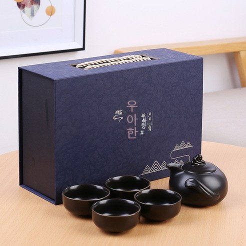 세라믹 손 동반자 쿵푸 차 세트 한 냄비 컵 상자 포장, 검은 펭귄 냄비 5 헤드 세트