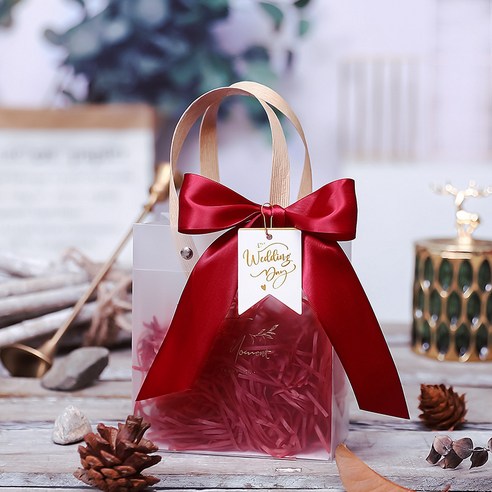 크리스마스 이브 애플 선물 상자 선물 가방 선물 날 작은 선물 립스틱 사탕 포장 빈, 와인 레드 리본 모델 + 유럽식 웨딩 태그 + 라피아